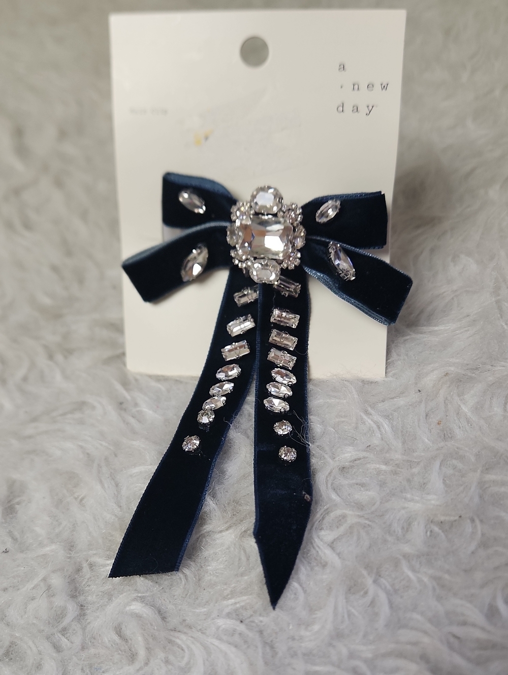 Navy Rhinestone Blingy Hair Clip Bow - Gemstones, Bedazzled, Velvet